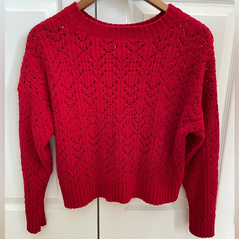❤️AE Cropped Pointelle Crewneck Sweater Red Small Valentines ❤️ - Picture 6 of 12